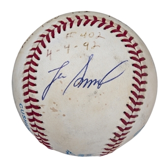 1994 Lee Smith Game Used/Signed Career Save #402 Baseball Used on 04/04/94 (Smith LOA)